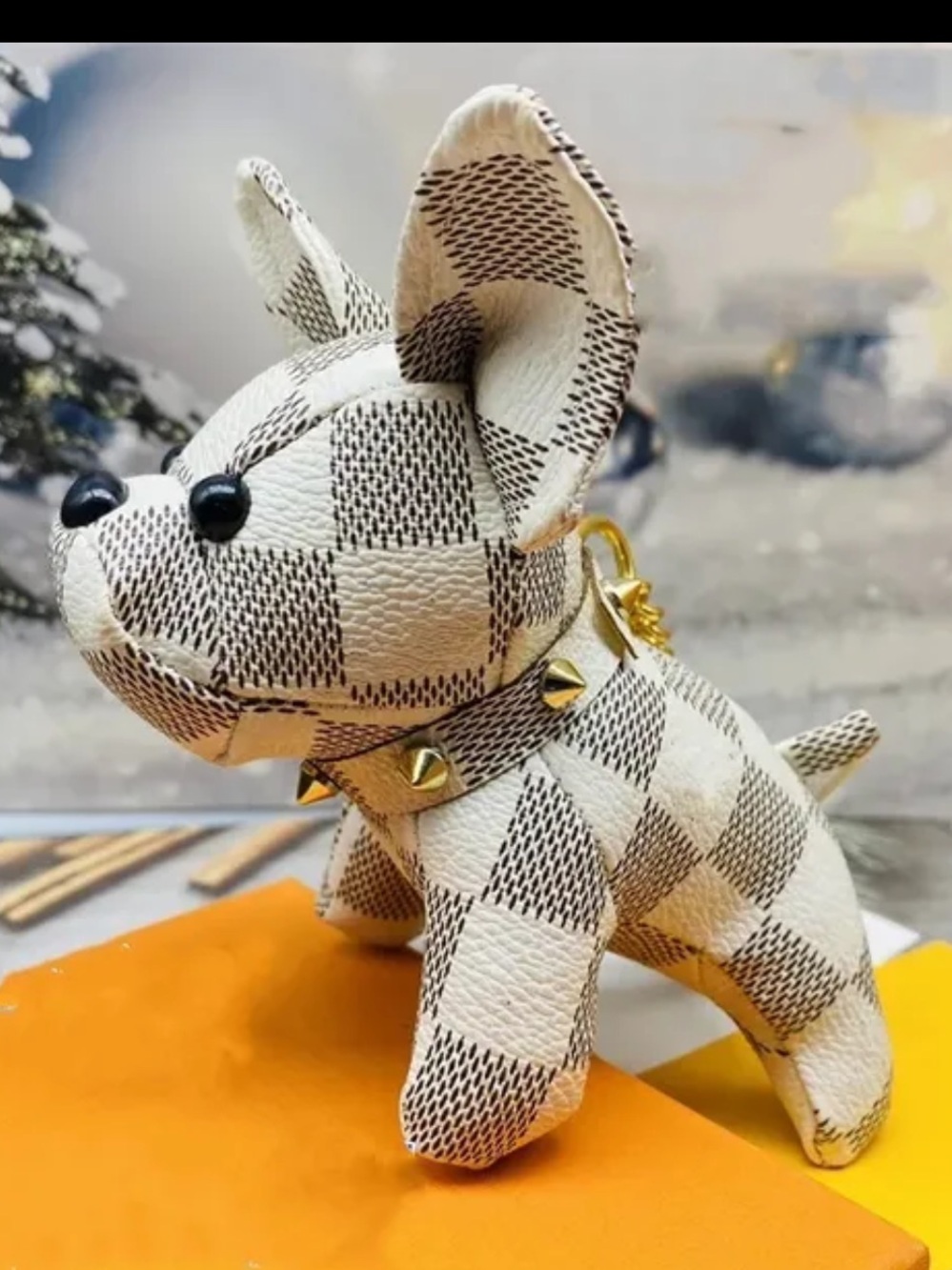 Plush Checkered Dog Keychain Charm with Gold Stud Collar - Cream and Brown